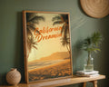 Framed Poster A2 Natural Wood Frame - Large-format California beach artwork displaying warm sunset palette with architectural palm silhouettes and golden light