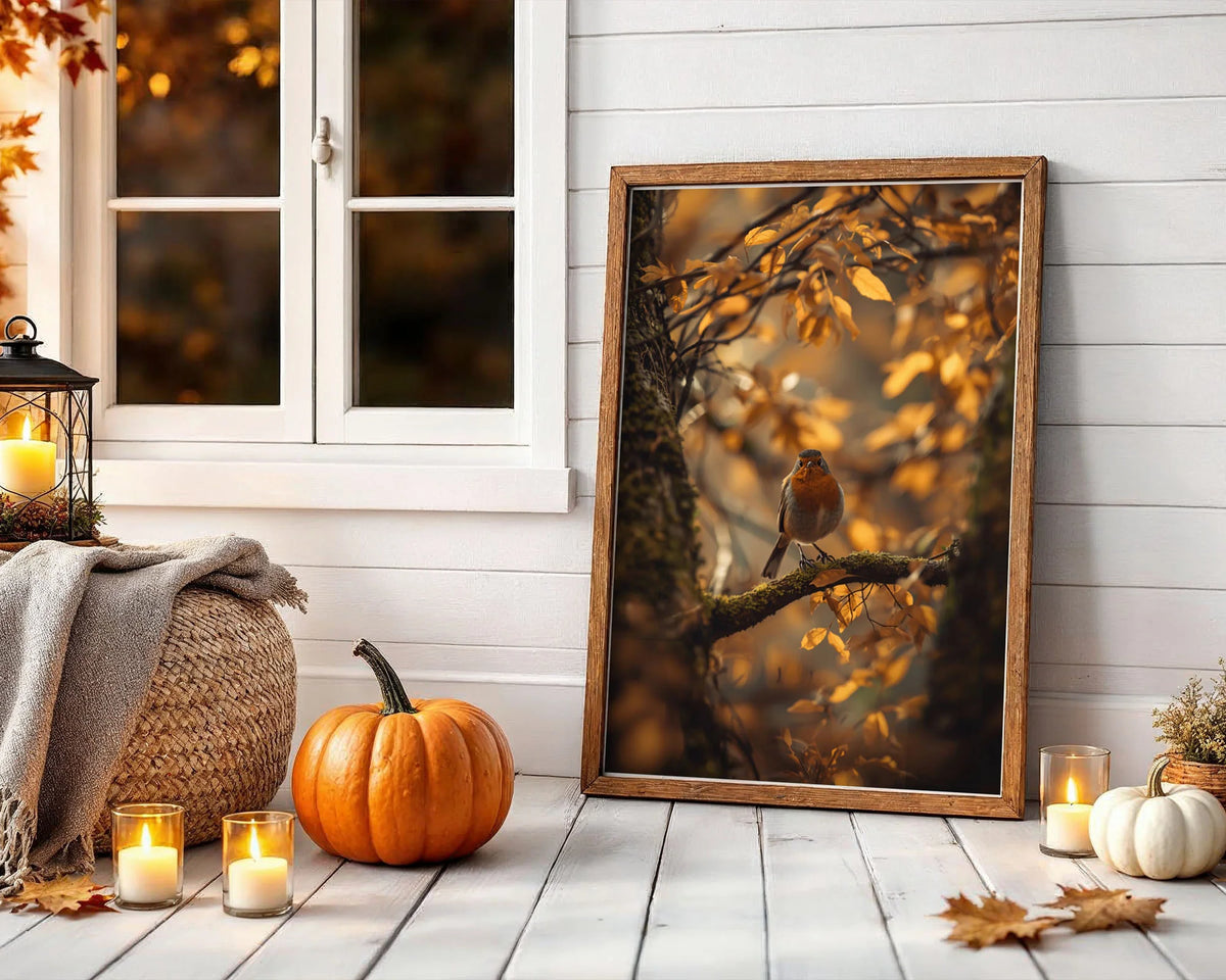 Framed Poster A3 No Mount - Intimate autumn bird portrait with soft golden light illuminating delicate leaves and natural woodland detail