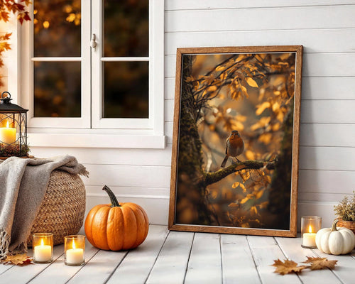 Framed Poster A3 No Mount - Intimate autumn bird portrait with soft golden light illuminating delicate leaves and natural woodland detail