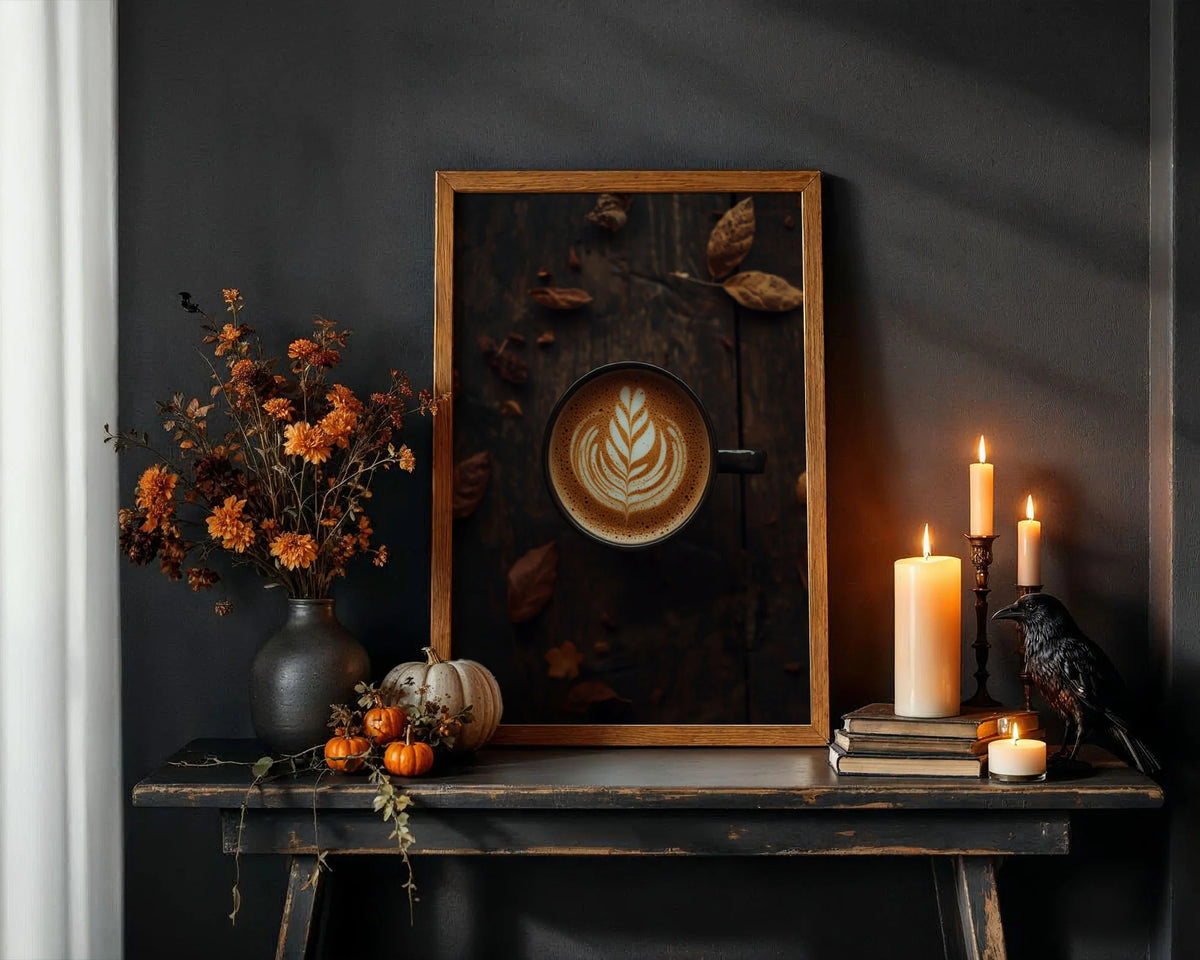 Framed Poster A2 Black Frame - Cosy coffee cup flat lay with beautiful latte art design framed by golden autumn leaves on dark background