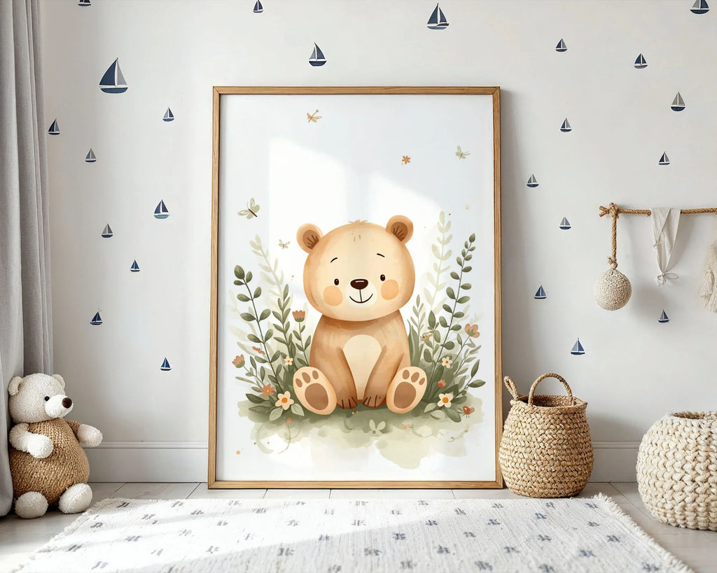 Framed Poster A4 No Frame - Baby bear illustration with watercolor style featuring soft earth tones and whimsical nature elements throughout