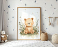 Framed Poster A4 No Frame - Baby bear illustration with watercolor style featuring soft earth tones and whimsical nature elements throughout
