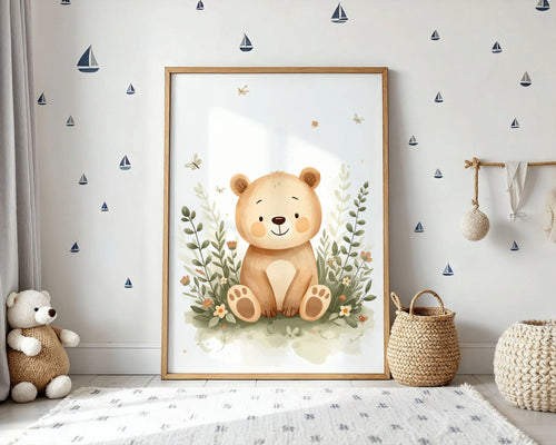 Framed Poster A4 No Frame - Baby bear illustration with watercolor style featuring soft earth tones and whimsical nature elements throughout