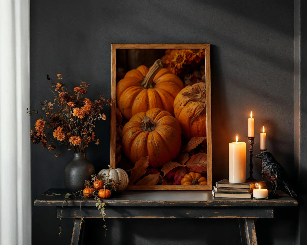 Framed Poster A3 Classic Wood Frame - Warm autumn harvest composition featuring prominent orange pumpkins, earthy dried leaves, and decorative sunflower blooms