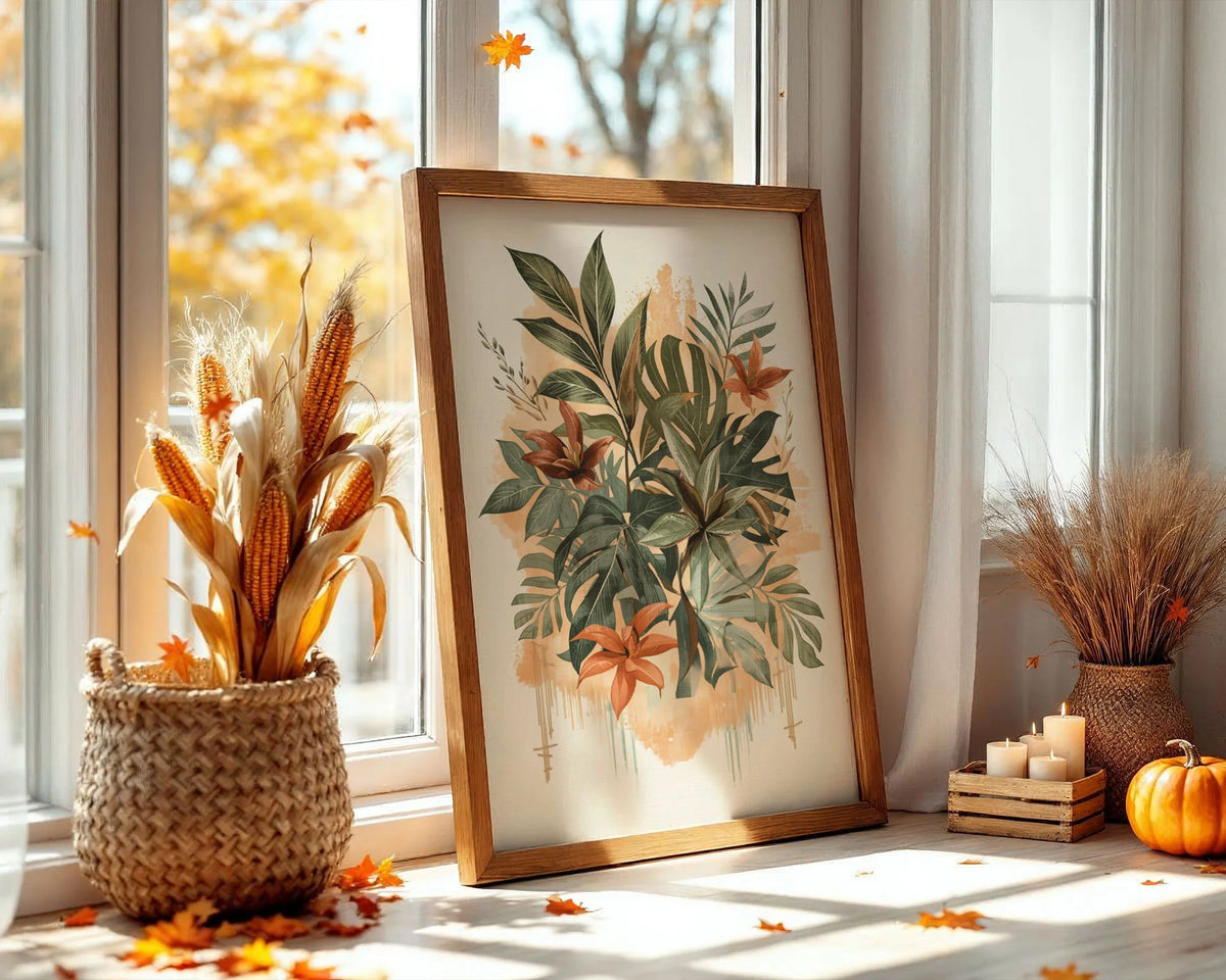 Framed Poster A3 Black Frame - Full botanical arrangement with mixed greenery, coral red flowers, and soft peachy artistic background
