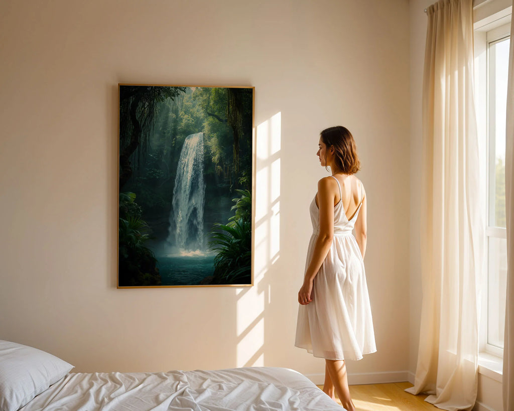 Framed Poster A3 Classic Black - Hidden waterfall in dense rainforest with atmospheric mist, golden light filtering through thick canopy above