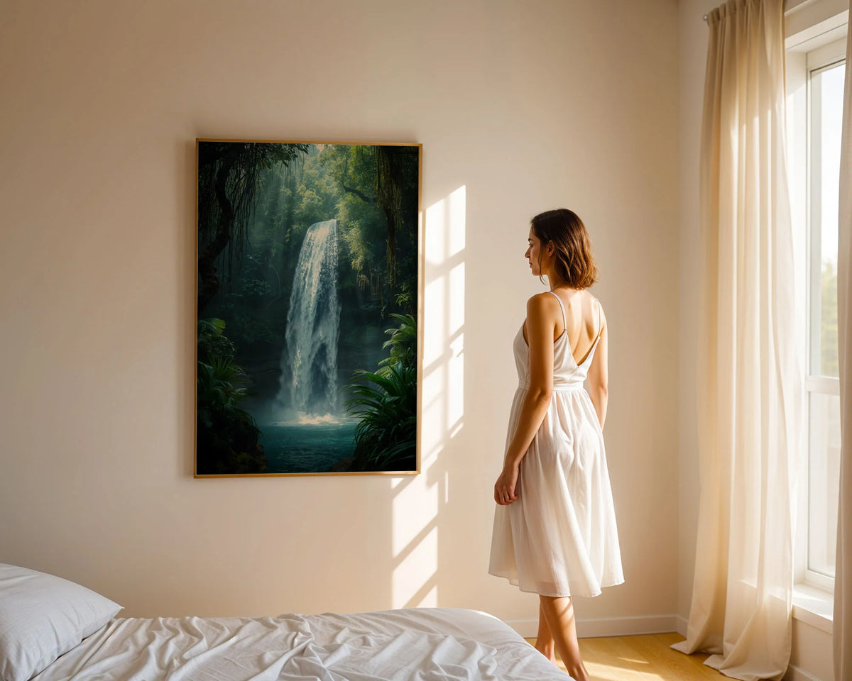 Framed Poster A3 Classic Black - Hidden waterfall in dense rainforest with atmospheric mist, golden light filtering through thick canopy above