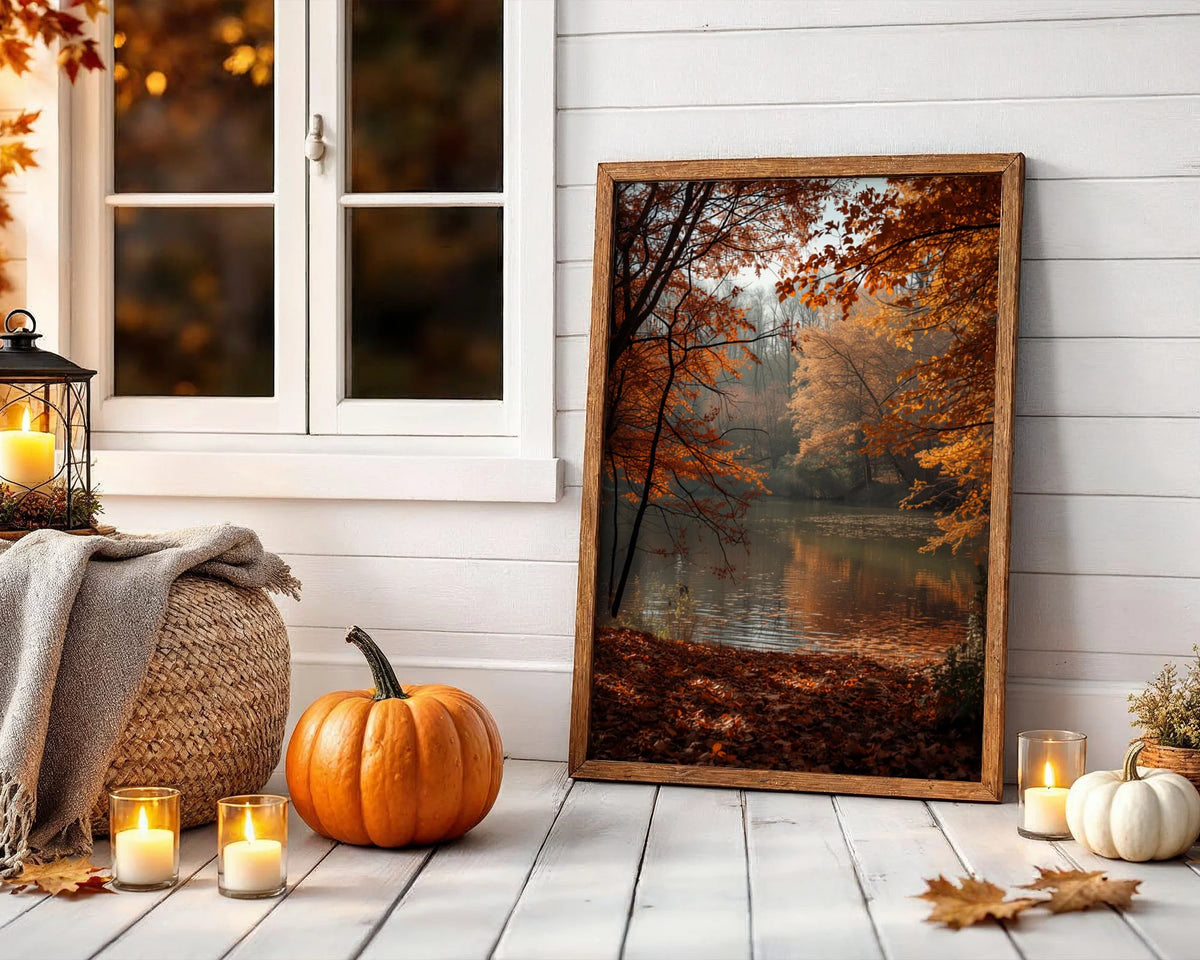 Framed Poster Enhanced Archival Matte - Serene woodland print showing fall foliage in warm amber tones with calm water
