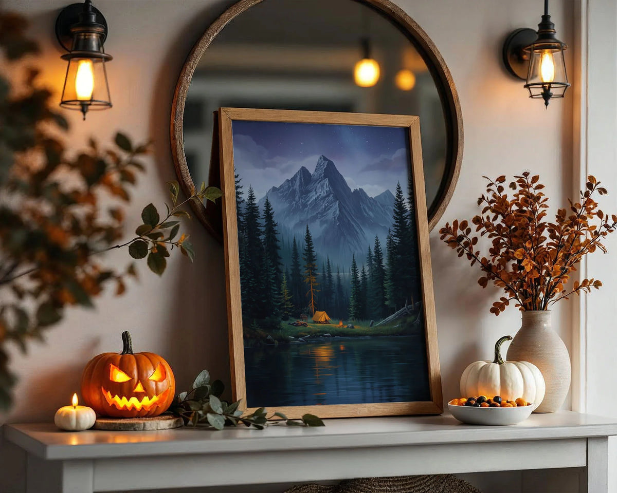 Framed Poster A3 Wood Frame - Cold blue mountain vista with golden glowing tent and firelight below