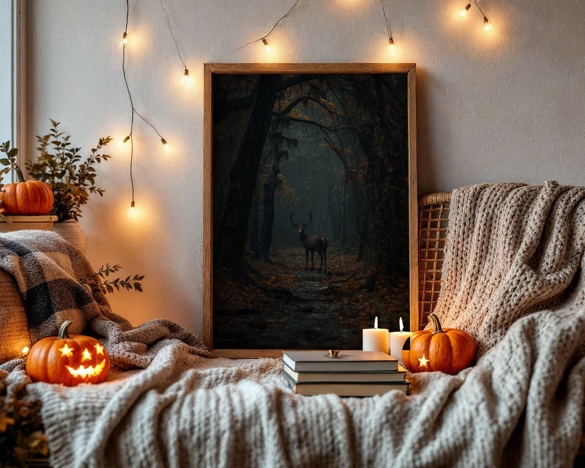 Framed Art A3 Hahnemuhle Photo Lustre - Wildlife print showing antlered deer in mystical forest tunnel with bronze and teal colour palette