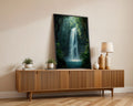 Framed Poster A4 Natural Wood - Serene jungle waterfall artwork with layered greens, hanging vegetation, and luminous cascade of white water
