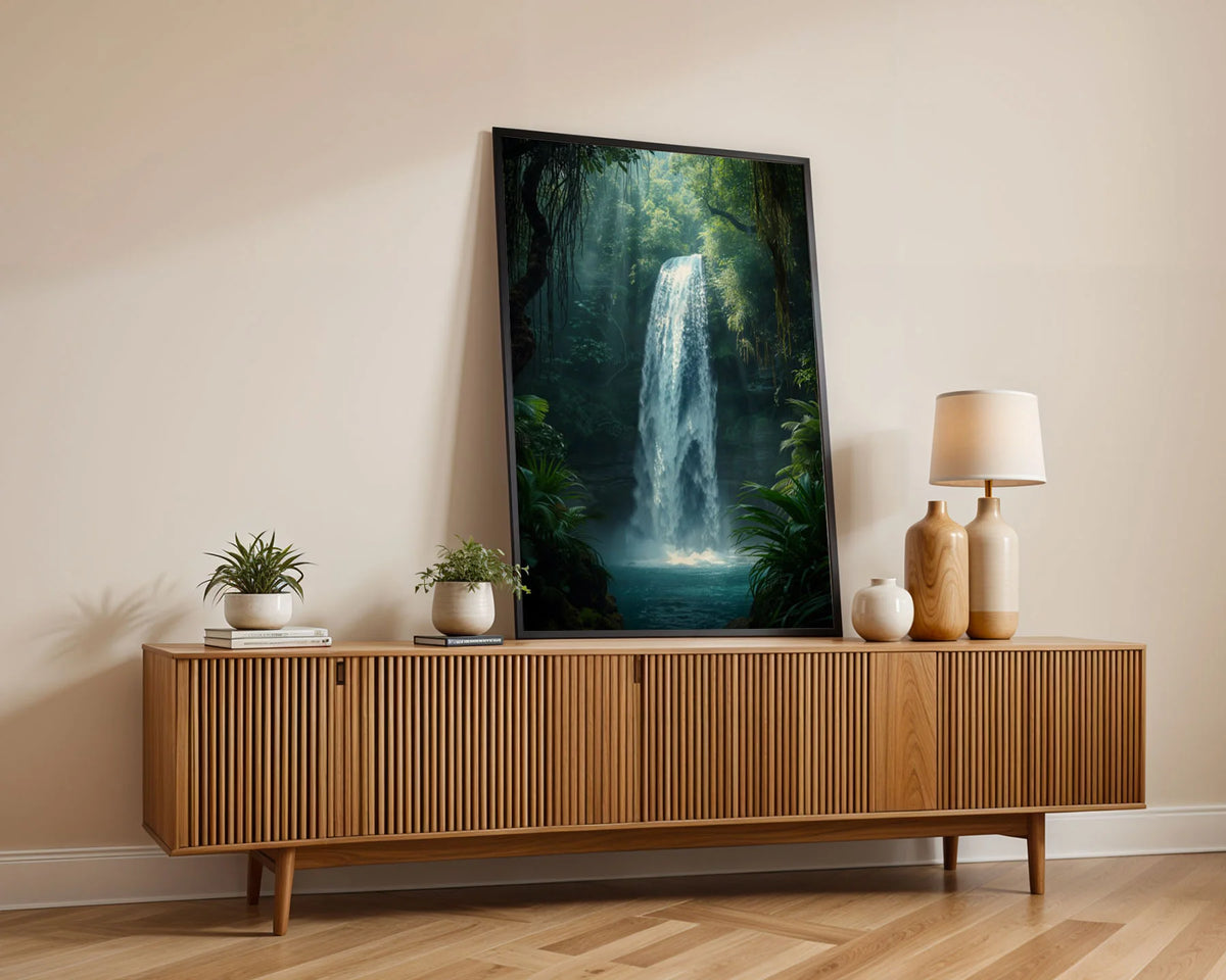 Framed Poster A4 Natural Wood - Serene jungle waterfall artwork with layered greens, hanging vegetation, and luminous cascade of white water