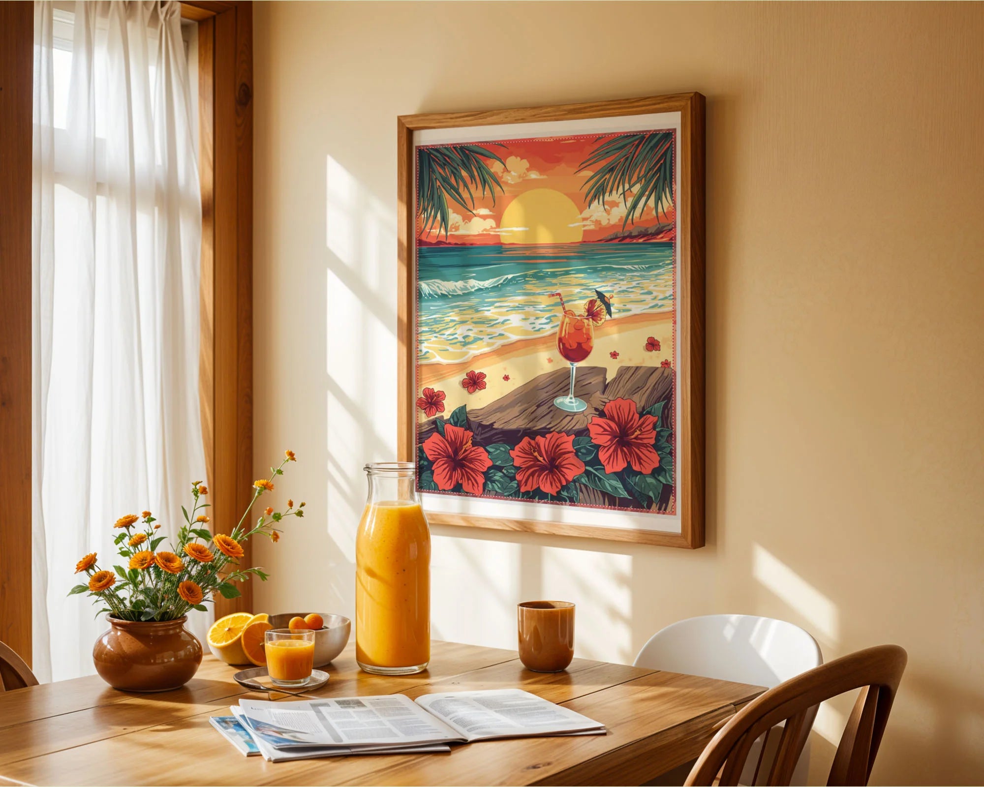 Framed Poster A2 Classic White Frame - Hawaiian inspired poster art with golden sunset, ocean view, palm fronds, red hibiscus flowers, and tropical drink details