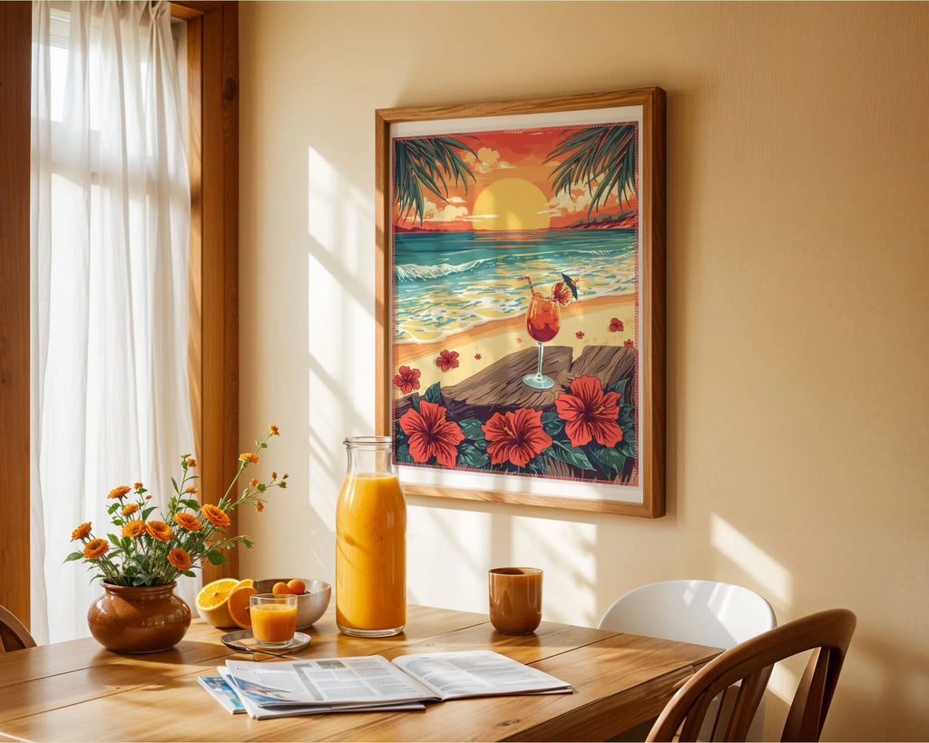 Framed Poster A2 Classic White Frame - Hawaiian inspired poster art with golden sunset, ocean view, palm fronds, red hibiscus flowers, and tropical drink details