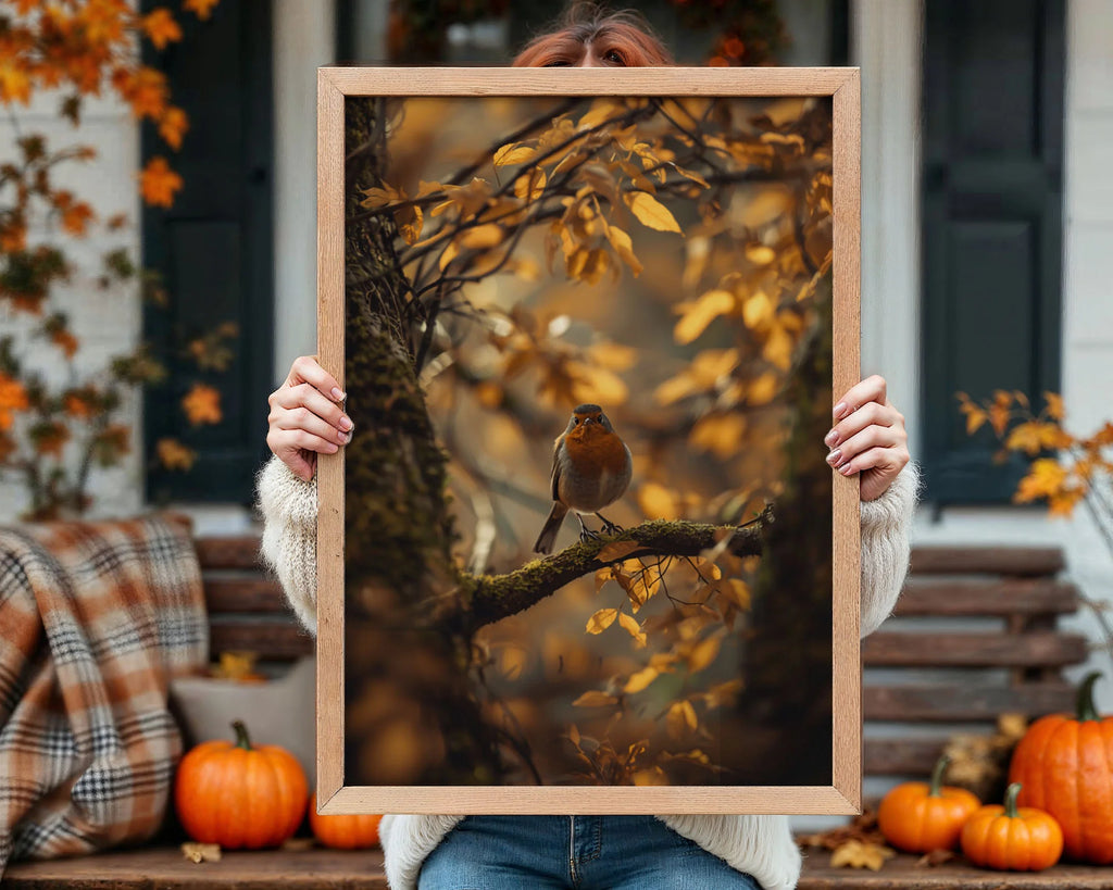 Framed Poster A3 Classic Black Frame - Robin on lichen-covered twig with golden canopy of autumn leaves creating dreamy background