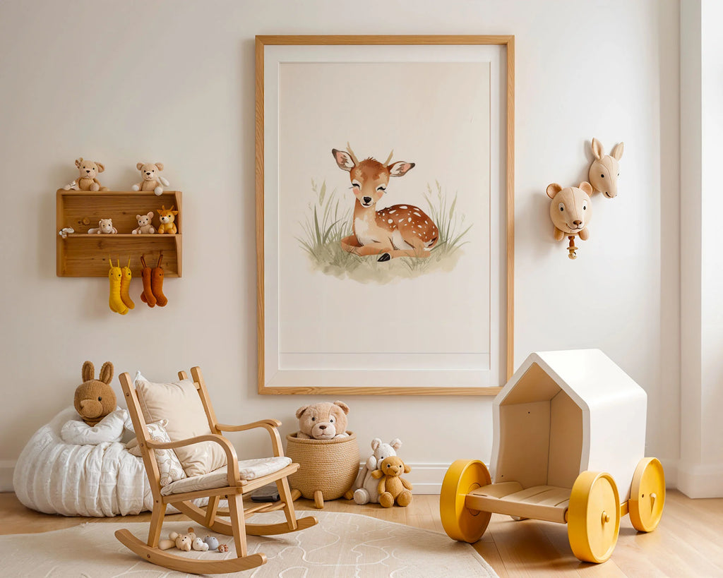 Enhanced Archival Matte A2 Classic Black Frame - Large nursery wall art of gentle baby deer surrounded by wildflowers in soft cream and caramel hues