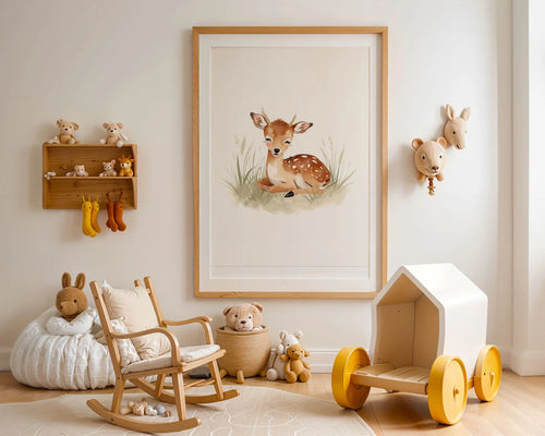 Enhanced Archival Matte A2 Classic Black Frame - Large nursery wall art of gentle baby deer surrounded by wildflowers in soft cream and caramel hues