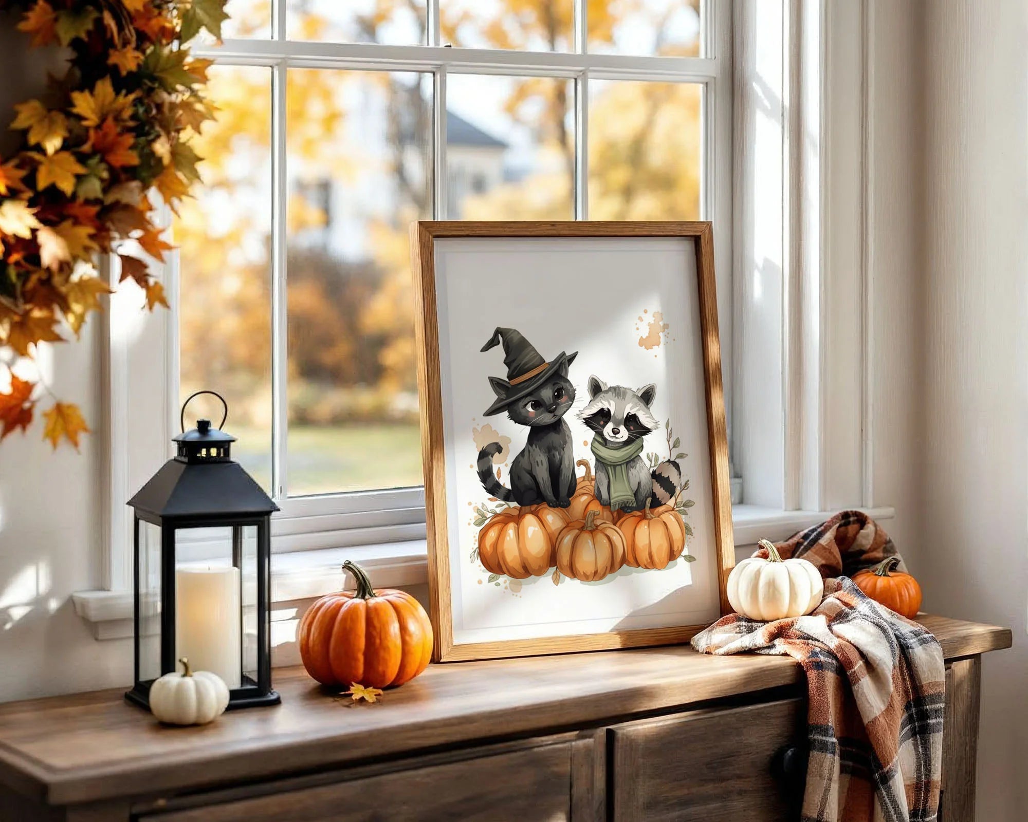 Framed Print A3 Classic Black Frame - Playful Halloween friends artwork with warm orange and brown tones perfect for kids room decor