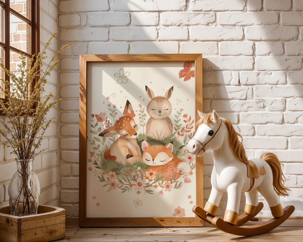 Framed Poster A2 Wood Frame - Large format woodland animal illustration perfect for statement wall in nursery or playroom