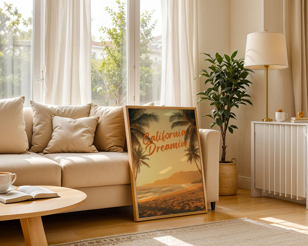 Framed Poster A3 Classic Black Frame - Serene palm-fringed beach at sunset with matte archival print showing rich golden and amber color tones