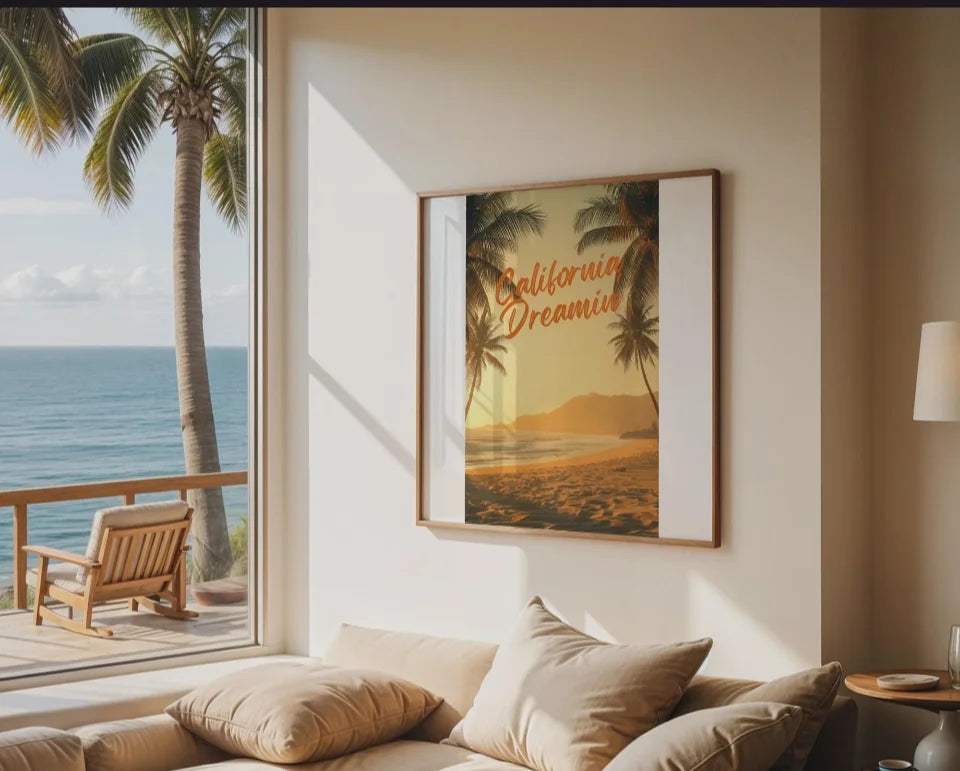 Framed Poster A3 Black Frame - Modern minimalist design showcasing California coastline with layered artistic elements in warm colours