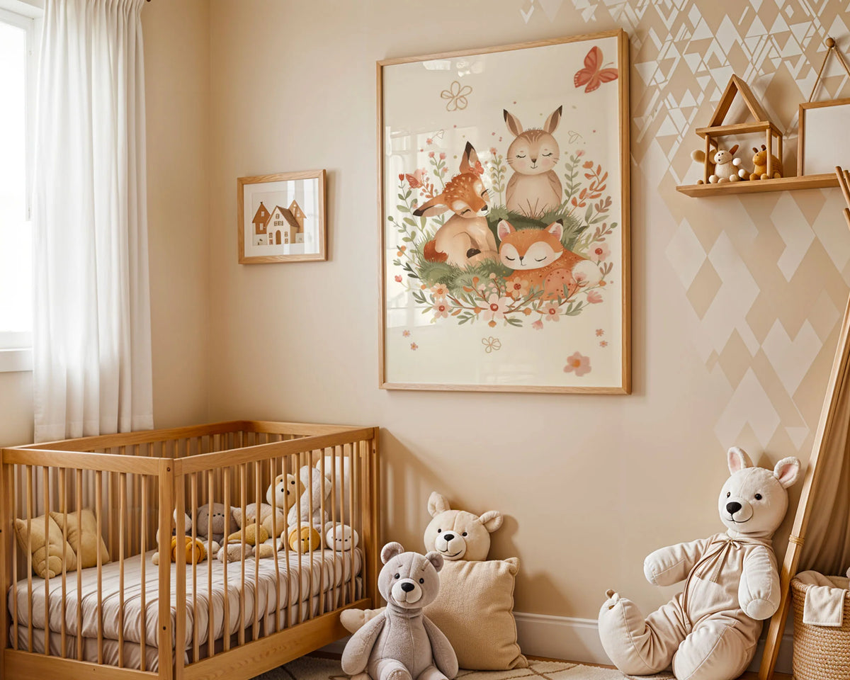 Framed Poster Collection - Multiple frame styles and sizes displaying the same woodland animals artwork in different display options