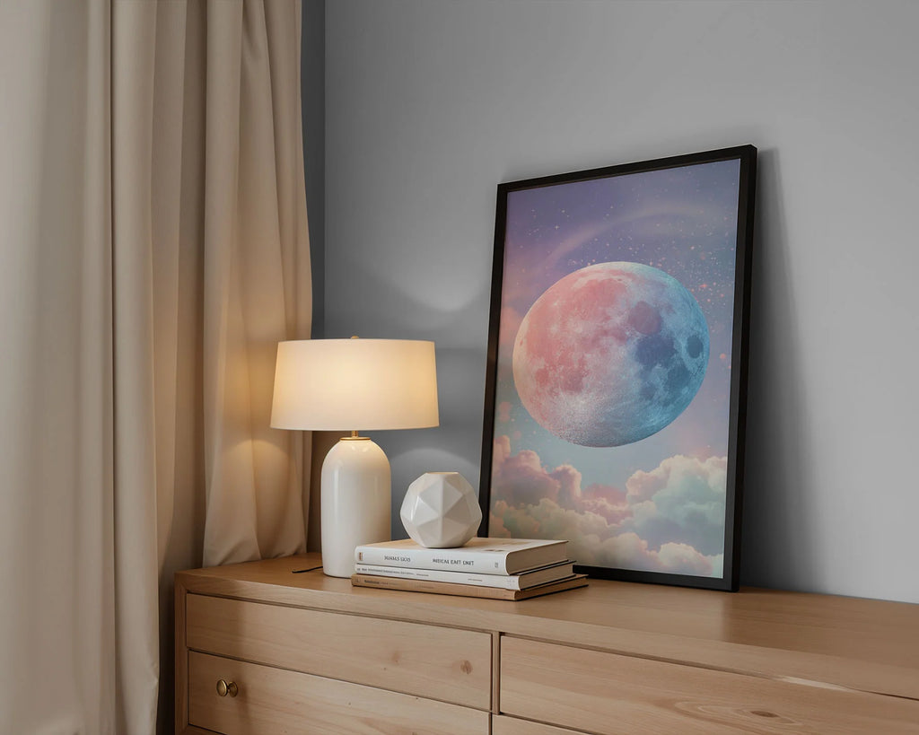 Framed Poster A3 Classic Black Frame - Stunning galaxy-themed artwork with a prominent glowing moon framed by soft clouds and delicate starlight throughout