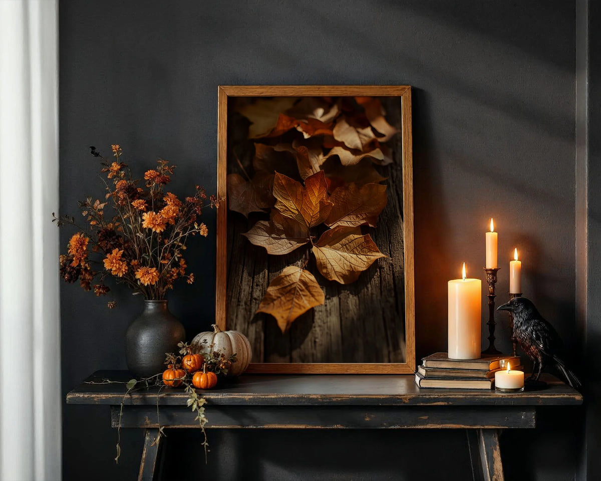 Framed Poster A3 Classic Black Frame - Multiple dried leaves in various shades of orange, amber, and cream scattered on weathered wooden boards