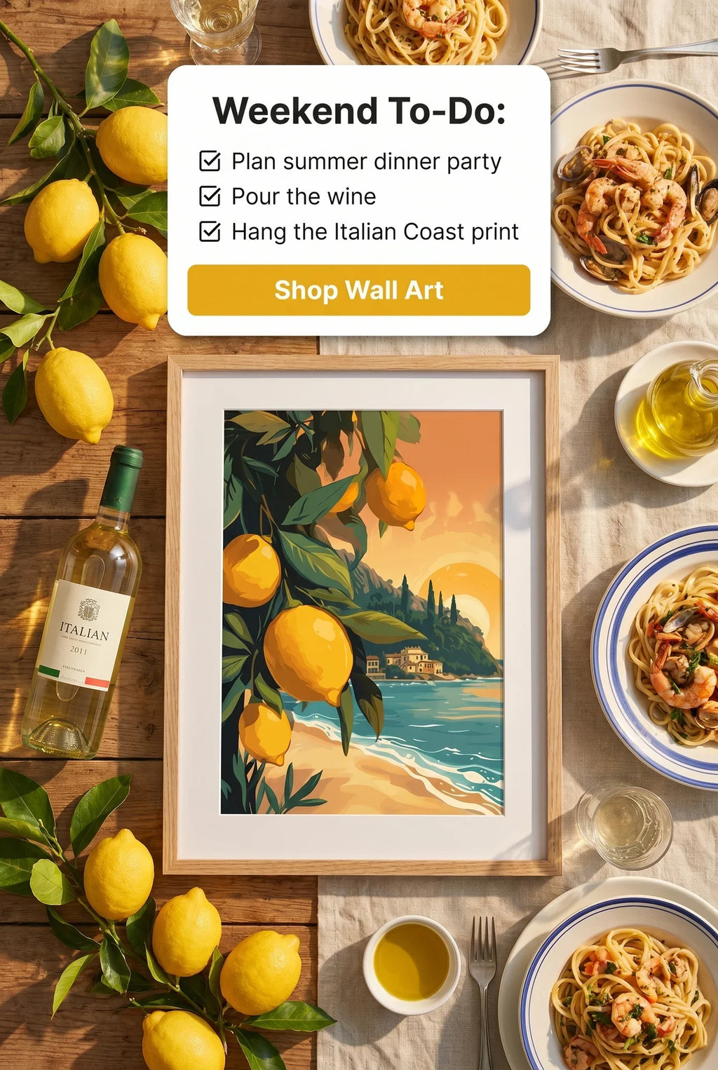 Framed Poster A3 Classic Black Frame - Dreamy Mediterranean scene combining botanical foreground of yellow citrus fruit with architectural and seascape background