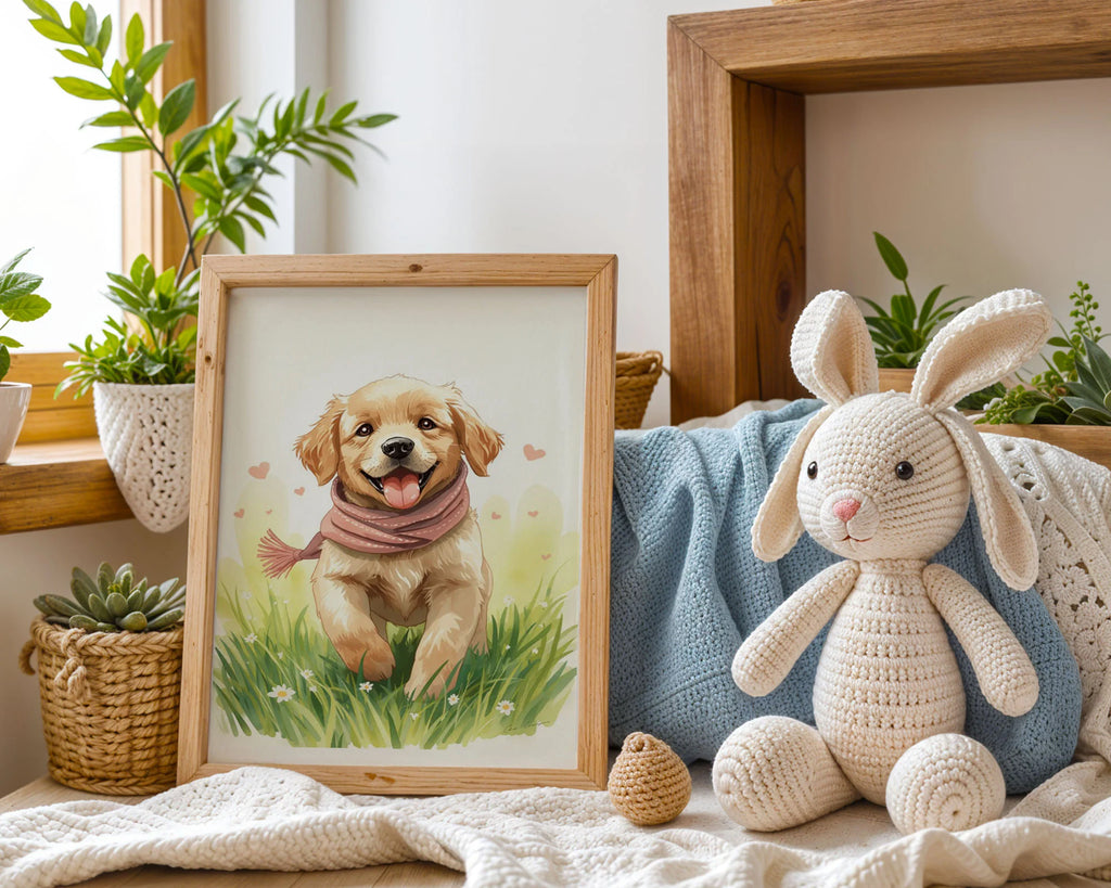 Framed Wall Art A3 - Joyful dog portrait with pink scarf featuring warm watercolor meadow scene with daisies and heart details