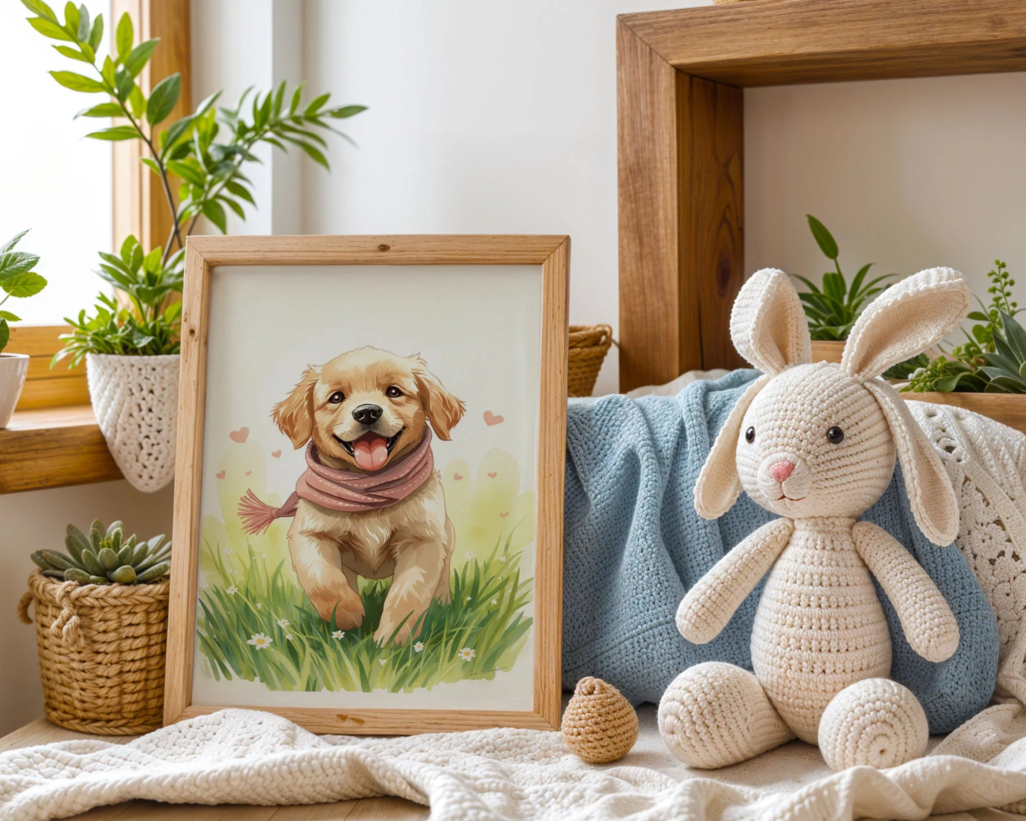 Framed Wall Art A3 - Joyful dog portrait with pink scarf featuring warm watercolor meadow scene with daisies and heart details