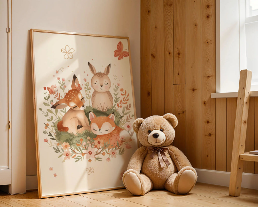 Framed Poster A2 Black Frame - Extra large woodland animal poster with intricate floral border and peaceful animal composition
