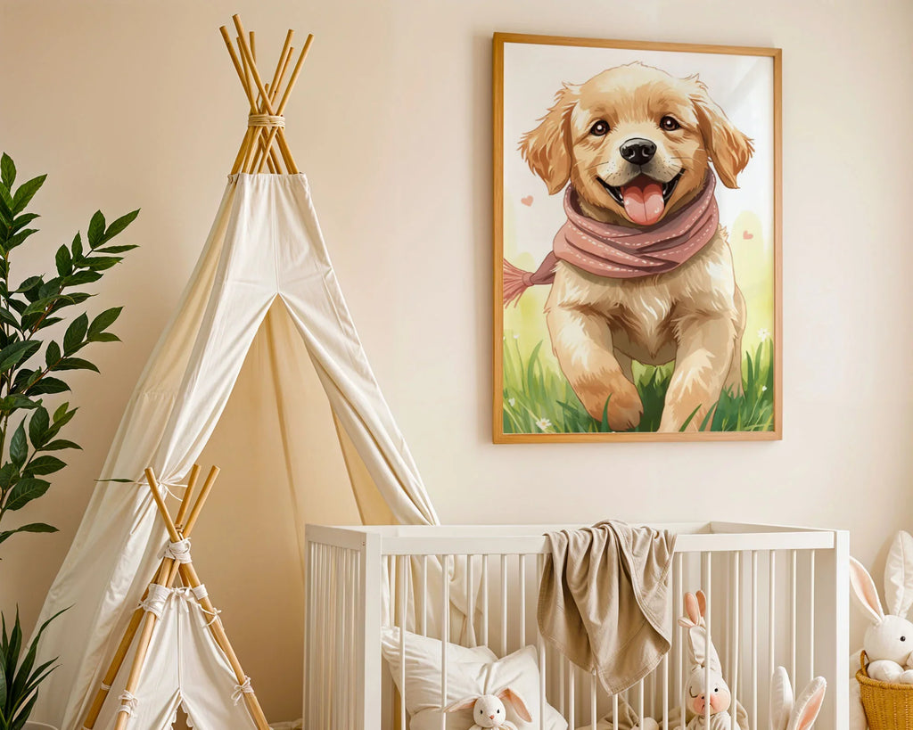 Framed dog print showing golden retriever character design with soft watercolour-style rendering, pastoral spring garden backdrop and warm colour palette