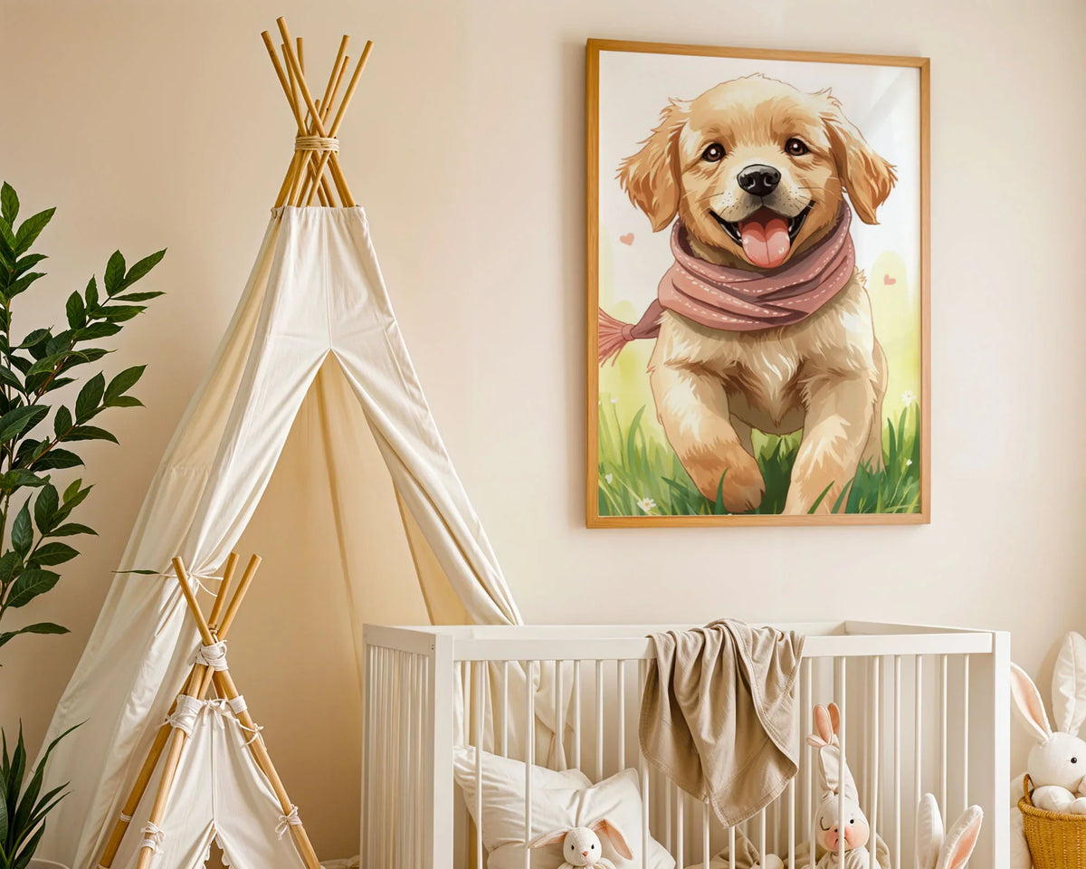 Framed dog print showing golden retriever character design with soft watercolour-style rendering, pastoral spring garden backdrop and warm colour palette
