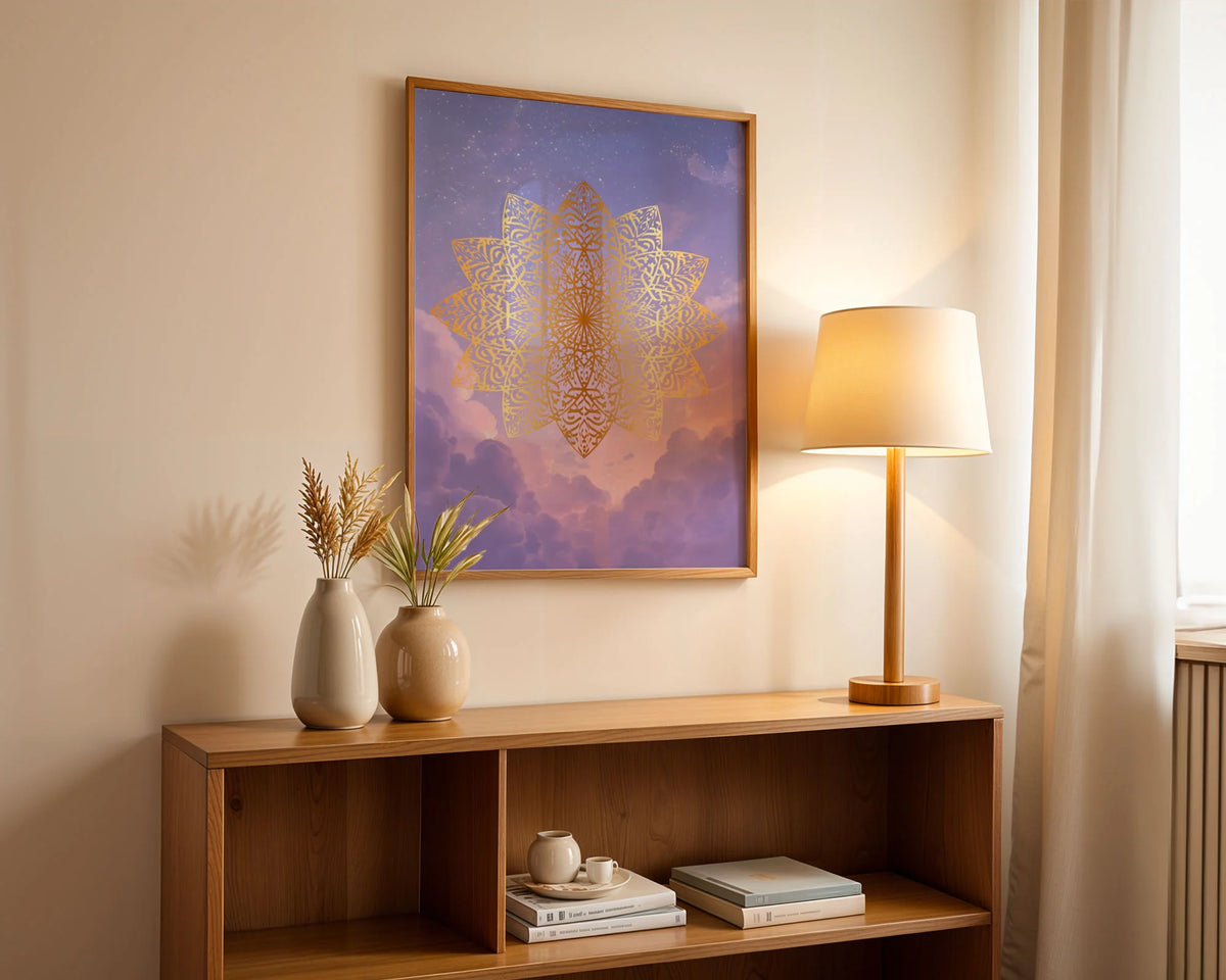 Framed Poster A3 Classic Wood Frame - Ornate golden star-shaped mandala with intricate lacework design on lavender clouds backdrop