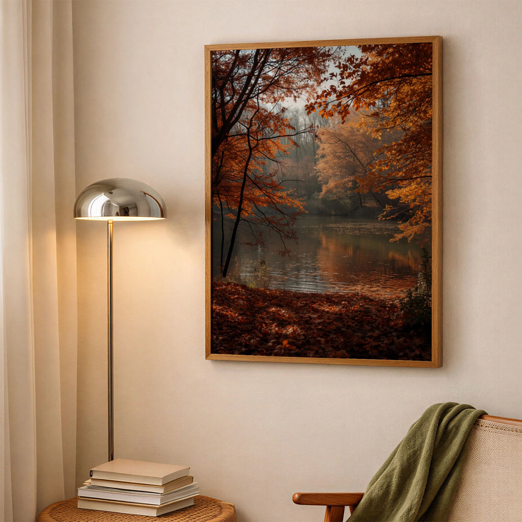 Framed Poster A2 Classic Wood Frame - Dramatic woodland landscape with rich autumn colours, mist, and peaceful water reflection
