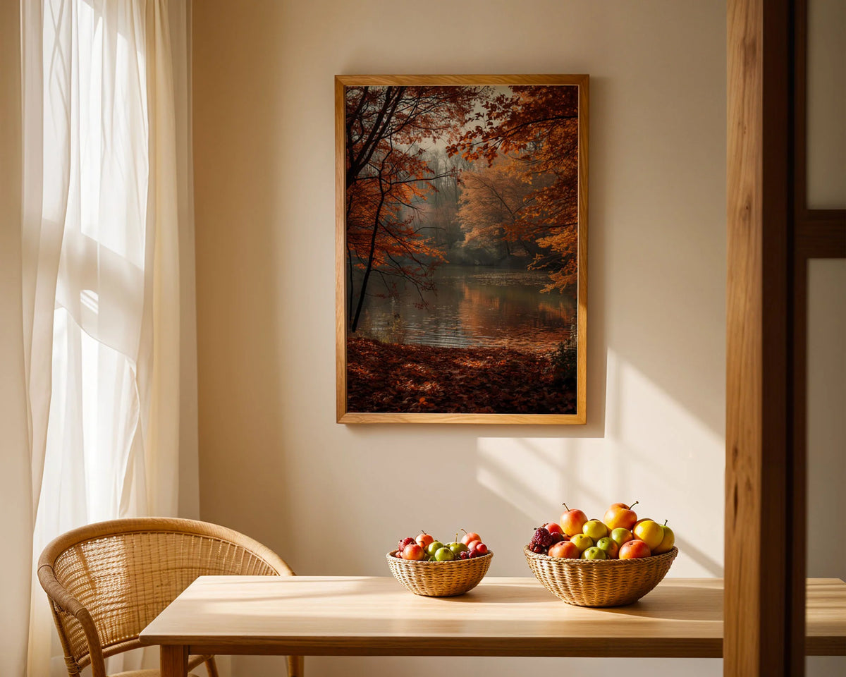 Framed Poster A3 Classic Wood Frame - Moody woodland landscape featuring amber and burnt orange autumn leaves and misty atmosphere