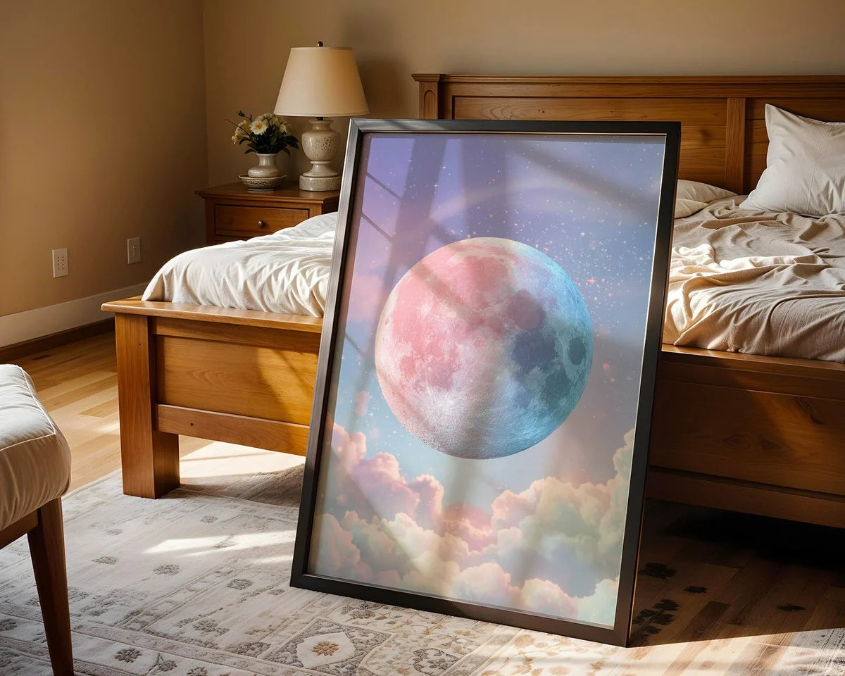 Framed Poster A3 Classic Wood Frame - Enchanting space artwork featuring a split-coloured moon with soft light effects and sparkling stars throughout the composition