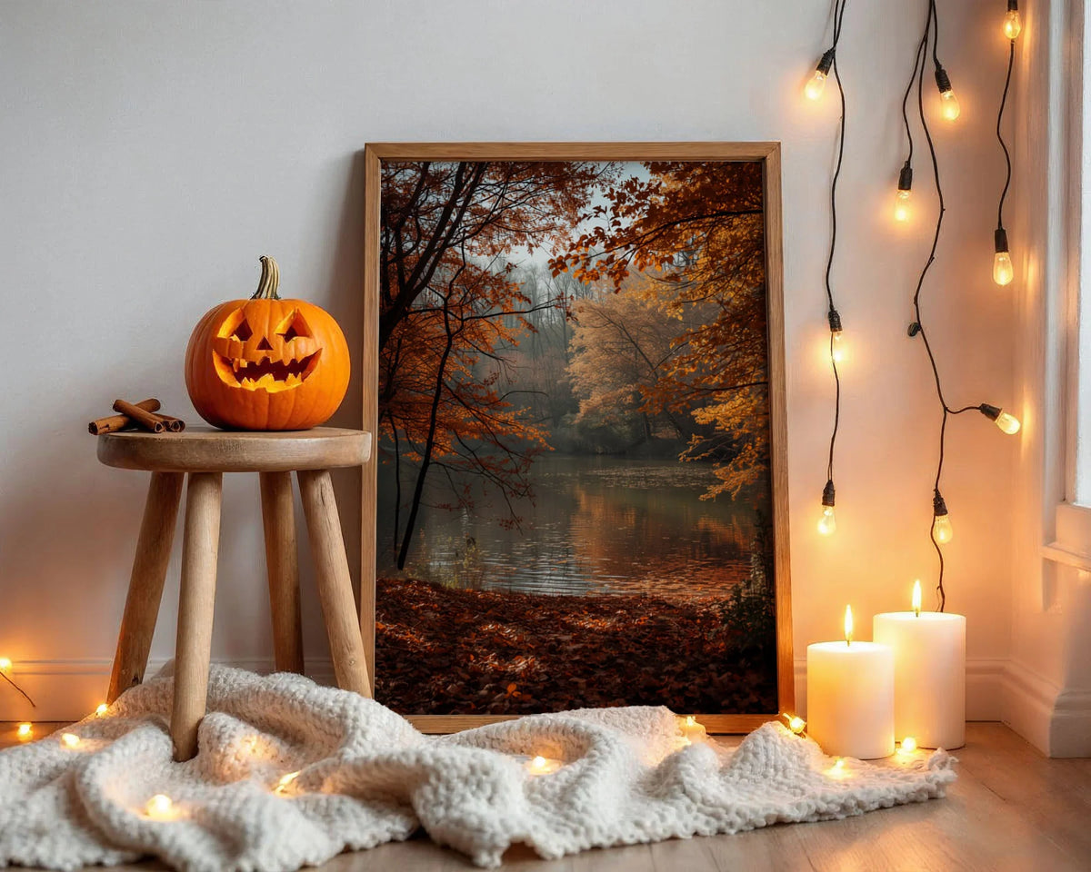Framed Poster A2 Classic Black Frame - Large-scale autumn woodland with glowing golden foliage framing serene, reflective water