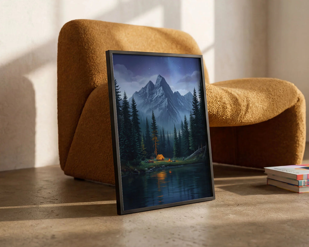 Framed Poster A2 White Frame - Majestic snow-covered peaks under stars with campfire glow foreground