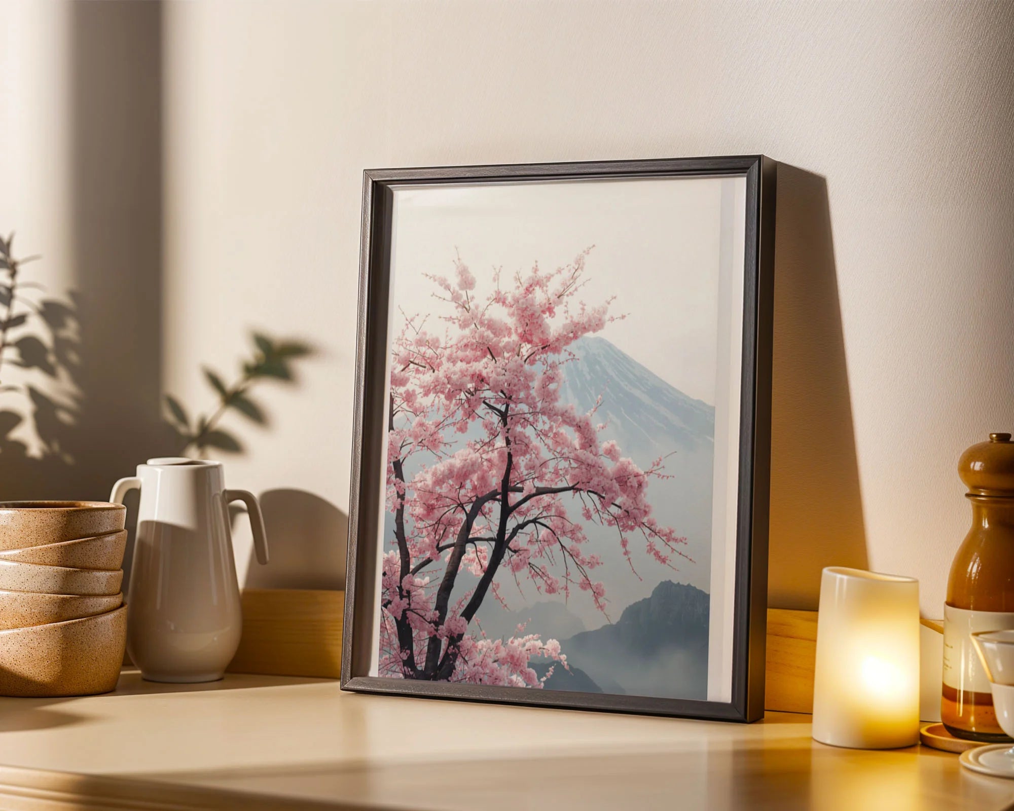 Framed Poster A3 Classic White Frame - Full canopy of pink cherry blossoms cascading over dark branches with mountains