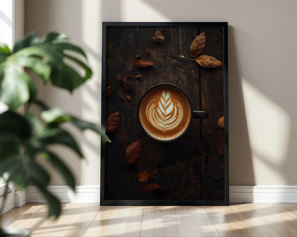 Framed Poster A4 White Frame - Top-down coffee photography showing detailed latte art in warm brown and cream tones with moody autumn atmosphere