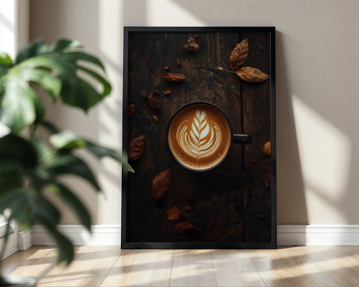 Framed Poster A4 White Frame - Top-down coffee photography showing detailed latte art in warm brown and cream tones with moody autumn atmosphere