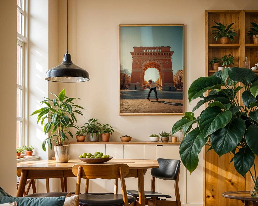 Framed Poster A3 Classic Black Frame - Vibrant urban photograph of skateboarder at Barcelona's famous red brick arch with golden hour lighting