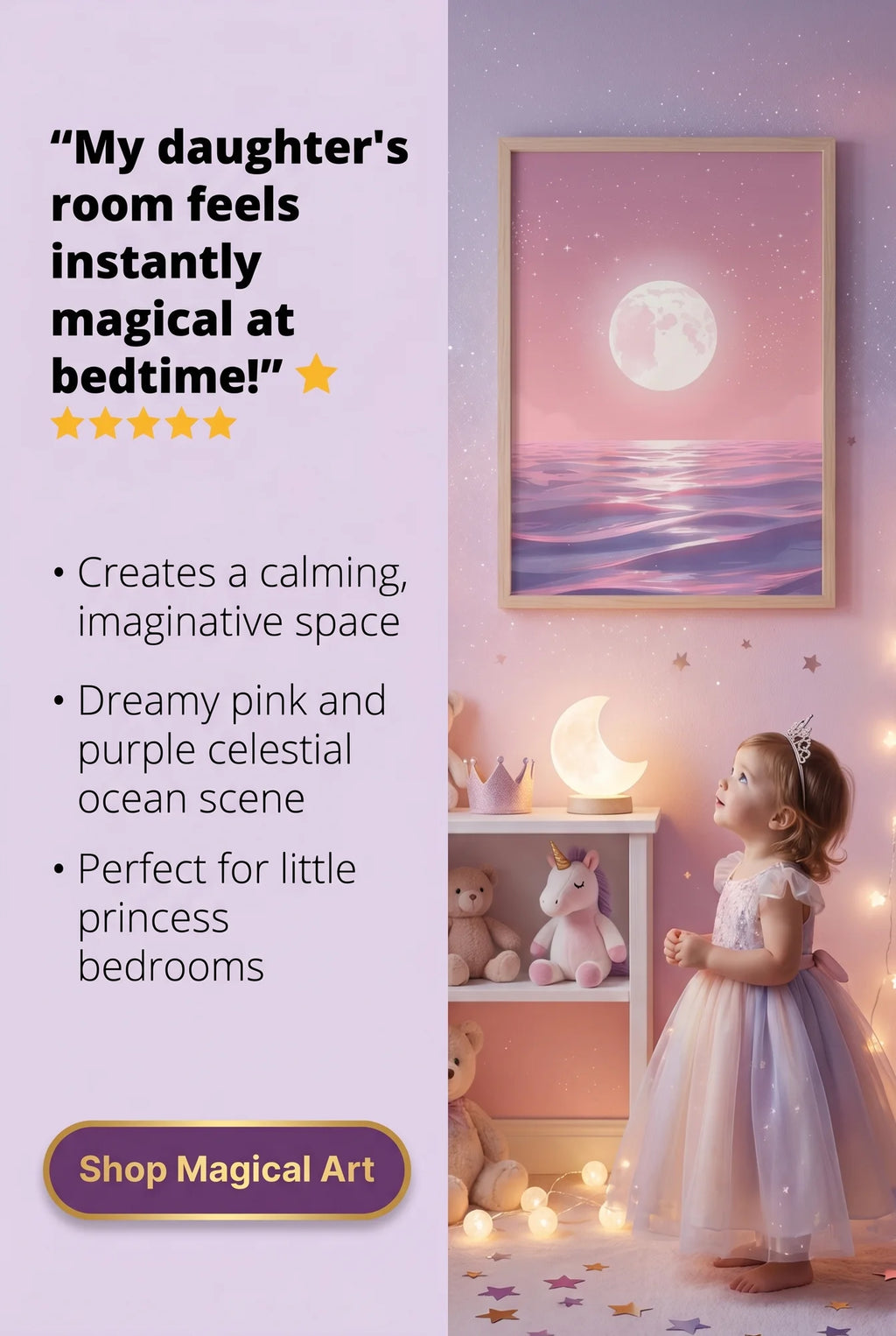 Framed Print A3 Classic White - Magical moonrise over calm waters with glowing celestial sphere and dreamy pastel colors