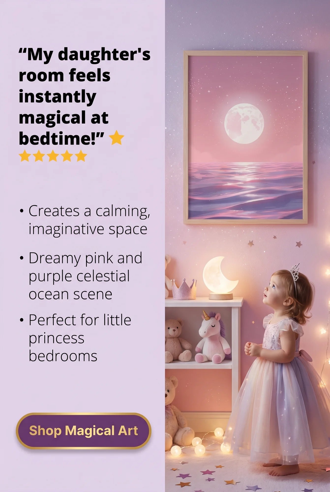 Framed Print A3 Classic White - Magical moonrise over calm waters with glowing celestial sphere and dreamy pastel colors