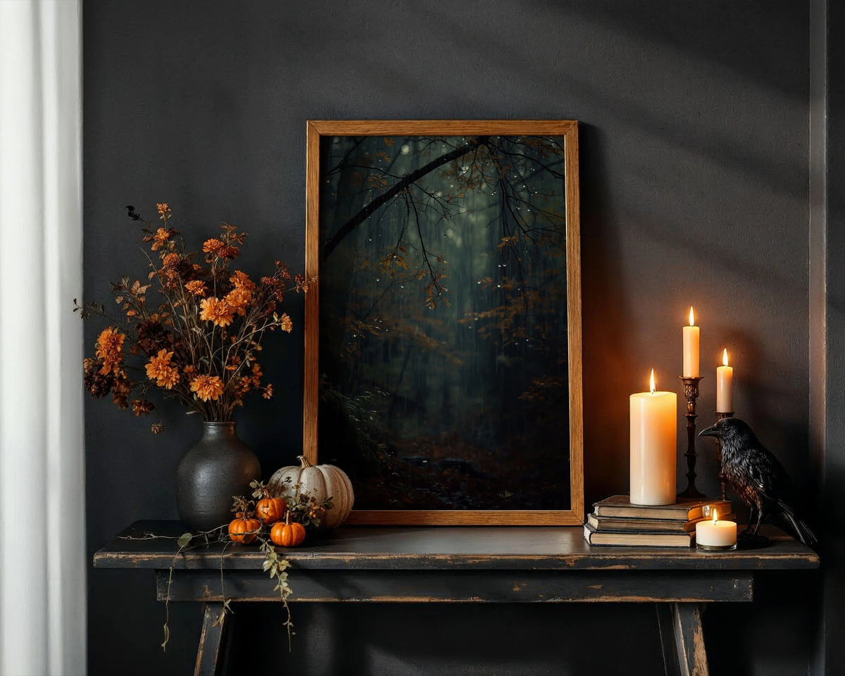 Framed Poster A4 Classic Wood Frame - Peaceful woodland raindrop artwork with charcoal tree silhouettes, amber foliage, and soft grey atmospheric lighting