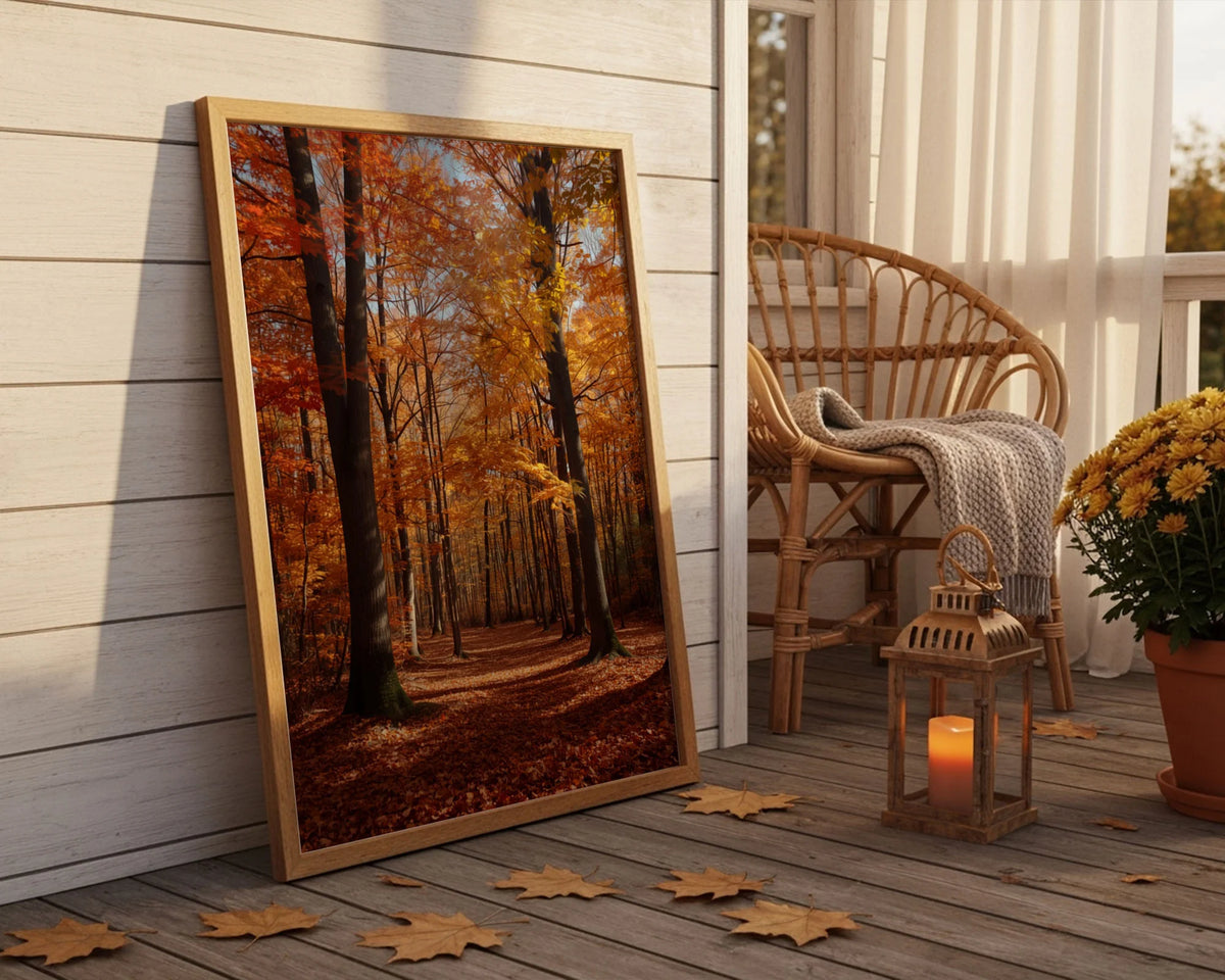 Framed Poster A3 White Frame - Large golden forest canopy scene with deep shadows and glowing orange autumn leaves overhead