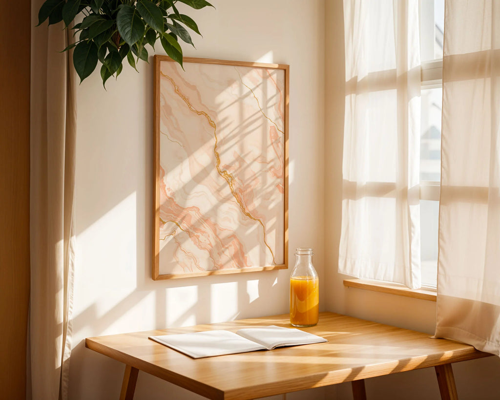 Framed Peach Marble Print A3 Black Frame - Contemporary marble wall art showing blended peachy hues with luminous gold detailing in liquid patterns
