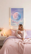 Cosmic Full Moon Framed Print: Pink Blue Galaxy Art A4-A2